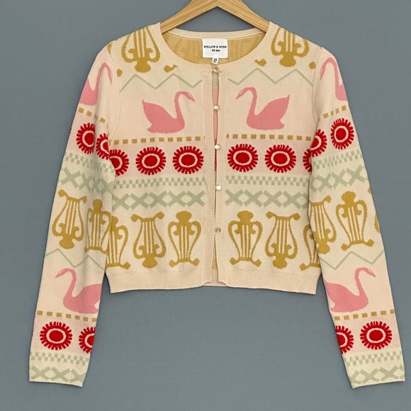 Willow & Wind Sweaters - Swan Print Cardigan Womens M Pink Whimsical Cottagecore Soft Girl Willow & Wind